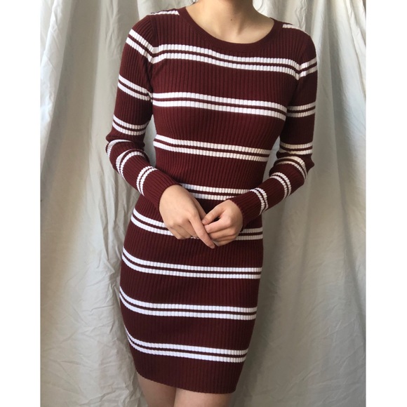 Garage Dresses & Skirts - Garage Long Sleeve Mini Red Bodycon Stripped Dress